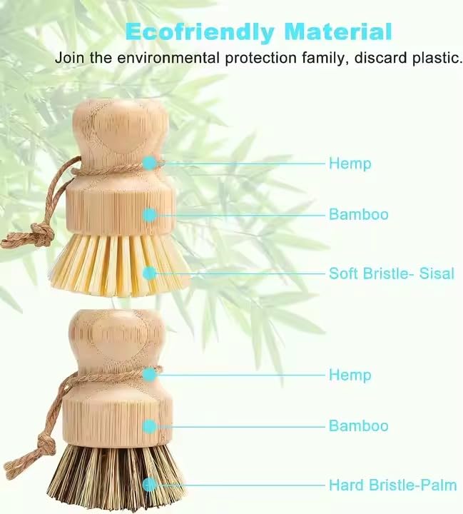 4 Pcs Bamboo Dish Brush Set – Natural Dish Scrubber with Ergonomic Handle, Durable Kitchen Cleaning Brush for Dishes, Pots & Pans – Sisal Bristles for Cast Iron