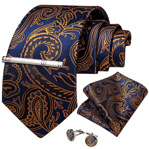 Image of DiBanGu Paisley Ties for Men Silk Necktie and Pocket Square Cufflinks Tie Clip Set Woven Classic Mens Tie for Wedding Party, Blue and Orange