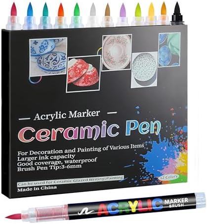 Acrylic Marker Ceramics Pens Ceramic Paint Brush Pen for Christmas Decorations Porcelain Mugs Both Glazed Christmas Decoration Unglazed Ceramics Permanent Marke(12 Colors) for Adults