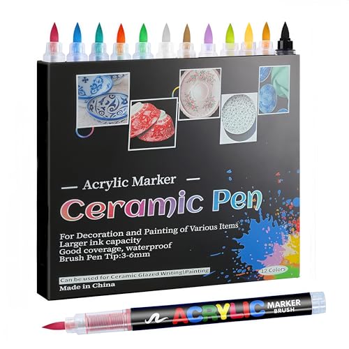 LMMINBZ Acrylic Marker Ceramics Pens - Ceramic Paint Brush Pen for Porcelain,Mugs,Both Glazed and Unglazed Ceramics Permanent Marke(12 Colors)