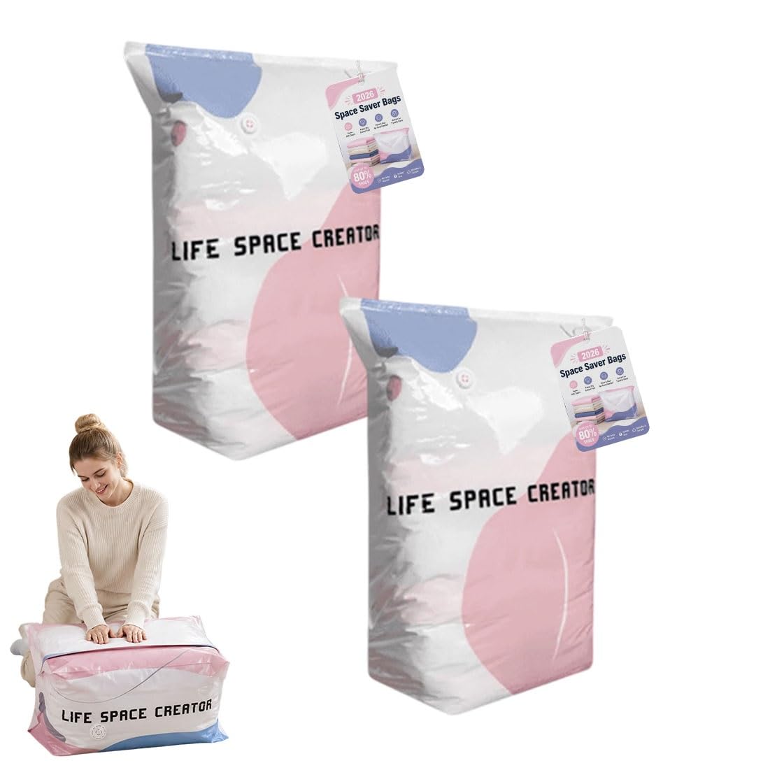 Qcdzsw 2Pcs No-Pump Vacuum Storage Bags,Upgrade Large Storage Compression Bags Press & Seal, Cube Compression Space Saver Bags,For Clothes,Bedding Comforters(,L)