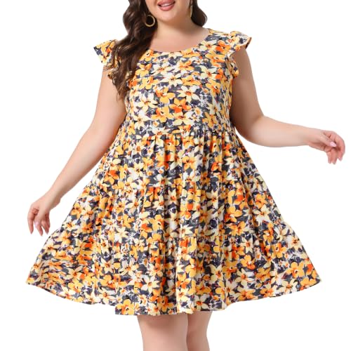 Image of Agnes Orinda Plus Size Summer Dress for Women Boho Flutter Sleeves Round Neck Floral Print Tiered Babydoll Ruffle Dresses