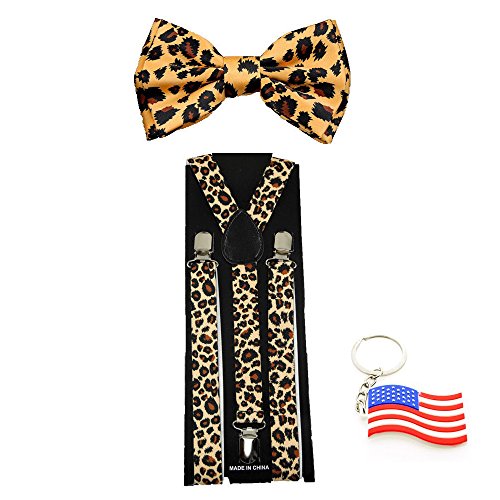 Suspender & Bowtie Brown Leopard Y-Back Clip on Adjustable Free USA Keychain