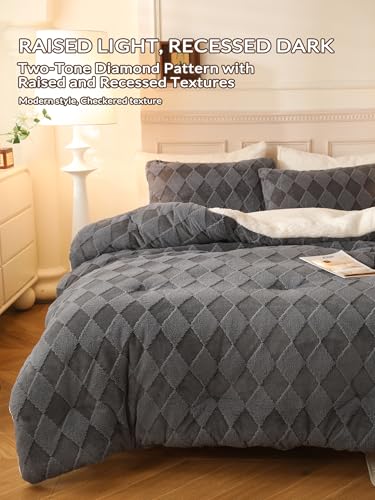 Image of Tufted Fleece Comforter Set King - Super Soft Warm Fluffy Shaggy Bedding Sets, Diamond Plaid Jacquard Bed Set for Winter, 1 Sherpa Comforter with 2 Pillow Cases (104 inchX90 inch Grey)