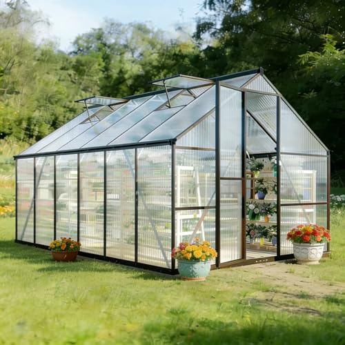 8x12 FT Greenhouse for Outdoors, Polycarbonate Greenhouse with Quick Setup Structure and Roof Vent, Aluminum Large Walk-in Green House for Outside Garden Backyard, Charcoal Black