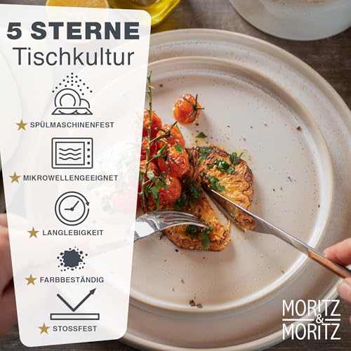 Moritz & Moritz CASTELLO 20-teiliges Geschirrset 4 Personen Beige - Teller Set aus Steinzeug - Geschirr Set Beige aus je 4 Dinnerteller, 4 Dessertteller, 4 Suppenteller, 4 Schüsseln und 4 Tassen