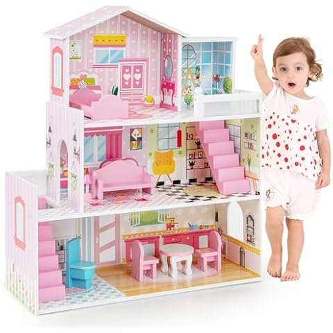 Maxmass 3-Storey Kids Dollhouse with Furniture Cover