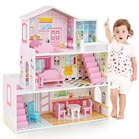 Maxmass Dolls House, 3-Storey Wooden Kids DollHouse with Rich Furniture Accessories and Simulated Rooms, Large Toddlers Pretend Play DIY Dollhouse Gift for 3-7 Years Old (10 PCS, 5 Rooms)