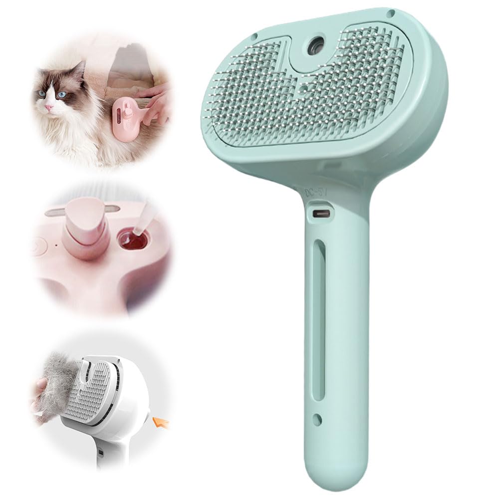 Pet Spray Hair Removal Comb, 2025 Upgraded 3 in 1 Cat Steam Brush, Self Cleaning Cat Steam Brush, with Water Tank and Release Button, Pet Steam Brush for Dog and Cat (Green)