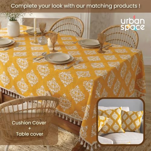 Image of Urban Space 100% Cotton Dining Table Cover 6 Seater, Printed Cotton Table Cloth for Center Table Boho Tassels (6 Seater- 48 inch x 92 inch, Mustard)