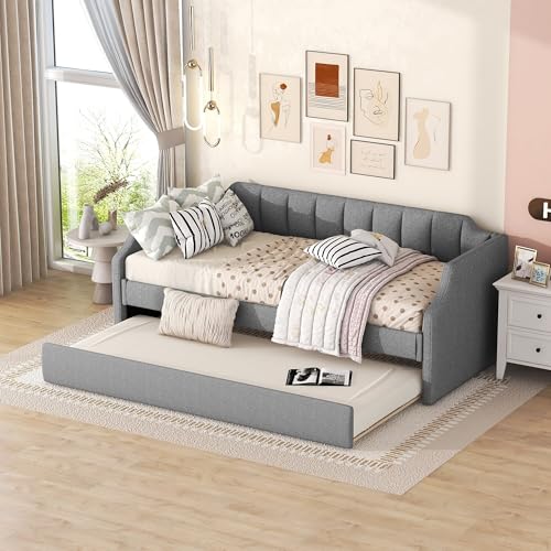 TIZZ Letto con letto a rotelle, letto singolo imbottito, 90 x 200 (190) cm (grigio)