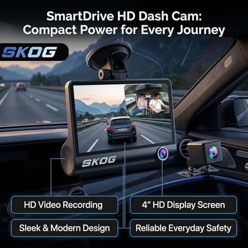 Image of SKOG 3 Channel Dash Cam for Car with Rear Camera, Full HD 1080P Front, Back & Cabin Recording, Night Vision, Wide Angle, Loop Recording, G-Sensor, Parking Mode, 4-Inch IPS Display