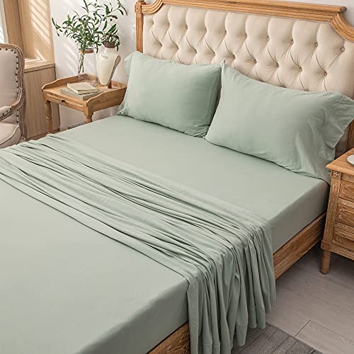 PURE ERA Jersey Knit 4pc Bed Sheet Set 100% T-Shirt Cotton Super Soft Comfy Breathable Fits Mattress Up to 20" Extra Deep Pocket (Solid Sage Green, Cal King)