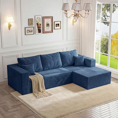 Image of 92.5 inch Modualr Sectional Sofa, L-Shape Corduroy Cloud Couch with Chaise,Upholstered Memory Foam Boneless Couch for Living Room, No Need Assembly,Blue(Right Facing Chaise)