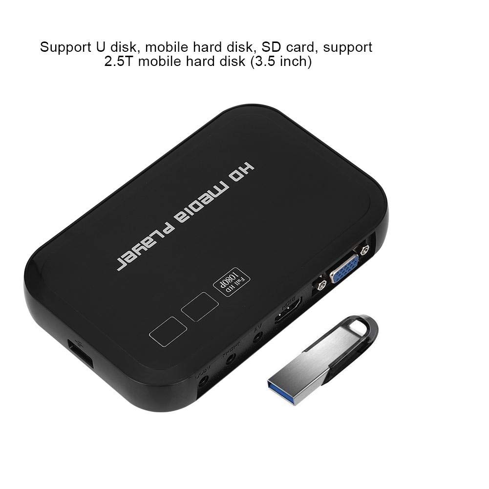 HD Media Player, złącza HDMI 1080p, przenośny odtwarzacz Full HD, odtwarzanie filmów i zdjęć za pomocą napędu USB/kart SD/urządzeń zewnętrznych, wyjście HDMI/AV/VGA