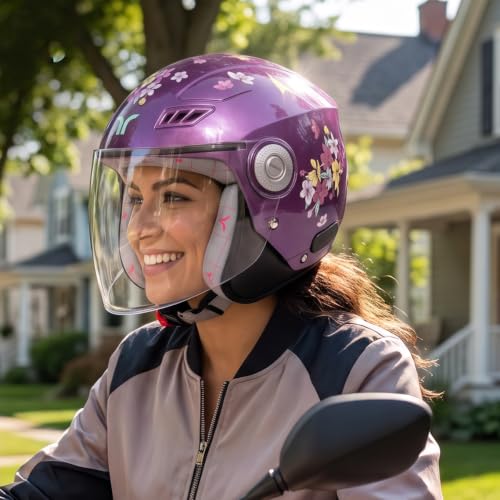 Image of TVARRA Blossom ISI Certified Women's Open Face Helmet Designer Helmet, Lightweight and Rainproof, Crafted for Women, Extreme Comfort Fit with Clear Visor (Violet Orchid, M /L: (56-57) cm)