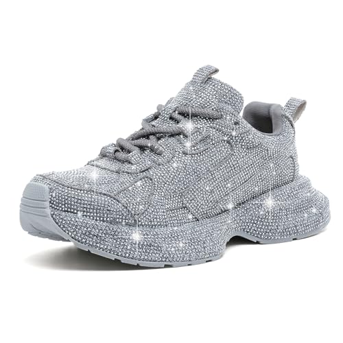 ISALALA Women Glitter Shoes Rhinestone Lace Up Sparkly Walking Sneakers for Women Shiny Fashion Bling Dressy Sneakers Disco Wedding Shoes Grey