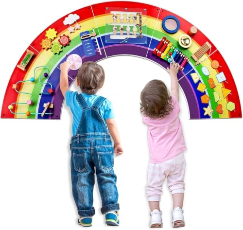 Image of Rainbow Wall Busy Board for Kids: Wooden Montessori Activity Panel | 13-in-1 Sensory Learning Toys for Fine Motor Skills - Playroom & Nursery Essentials for Toddlers
