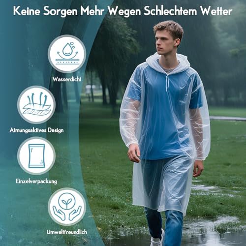 lohey 3 Stück Regenponcho Einweg, Wasserdicht Regenmantel für Damen und Herren und Kinder, Durchsichtige Regencape mit Kapuze und Ärmeln für Camping, Angeln, Freizeitparks, Festivals