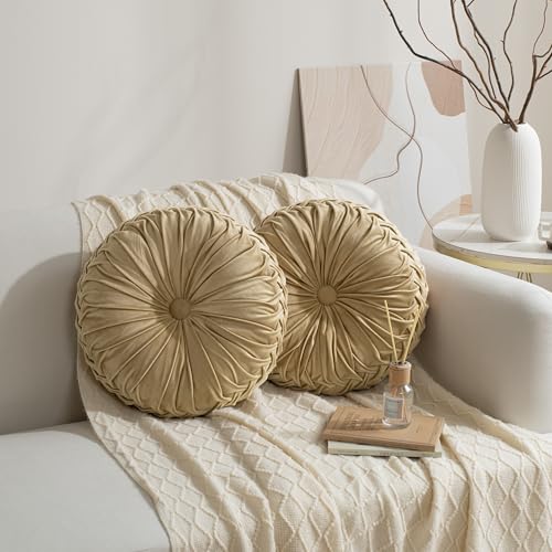 Image of HIG Set of 2 Decorative Round Pleated Throw Pillows,Classy Accent Pumpkin Throw Pillows with Center Button,Vintage Velvet Floor Pillows for Sofa Vanity Chair Bed,Apricot,14.5 inch Diameter(Ripple)