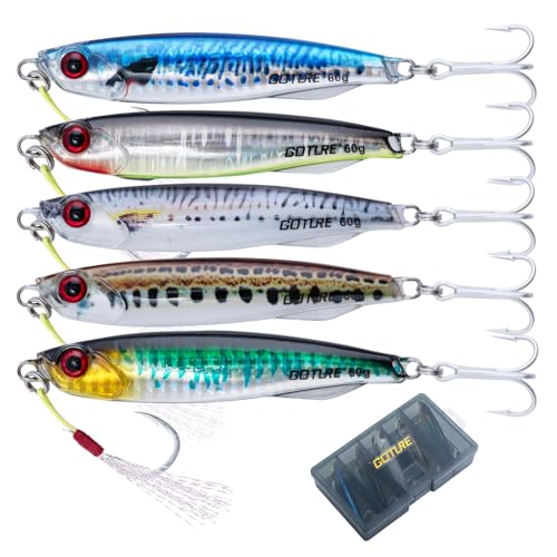 Goture 5 Stück Kunstköder Set, Angelköder Pilker Wobbler Fischlöffel Fischköder für Salzwasser Süßwasserforellen Lachs, Forelle, mit Kopf Einzelhaken & Heller Draht Schwanz DREI Haken Köder 60g