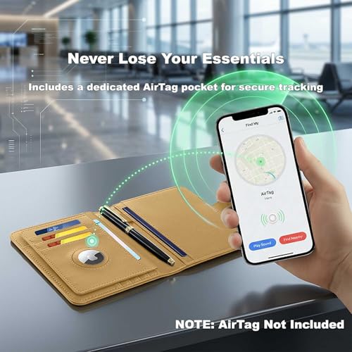 Image of Passport Holder for Travel, RFID Blocking Leather Airtag Wallet for Women Men, Large Passport Cover Essentials Gift, Tickets, Cash, Photo, Sim Card Pen Slot - Apricot