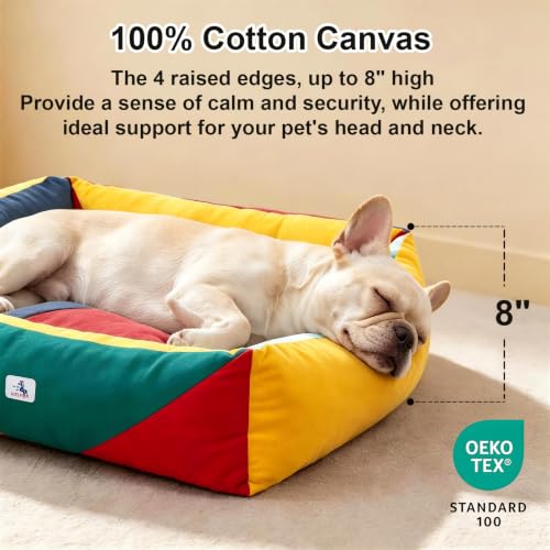 Image of Cotton Canvas Dog Bed (290gsm Thick), 24 inchx20 inchx8 inch Durable Waterproof | Cute Dog Beds for Small Dogs, Orthopedic Bed with Washable Removable Cover, Anti-chewing Pet Bed Anti-Slip Black&White