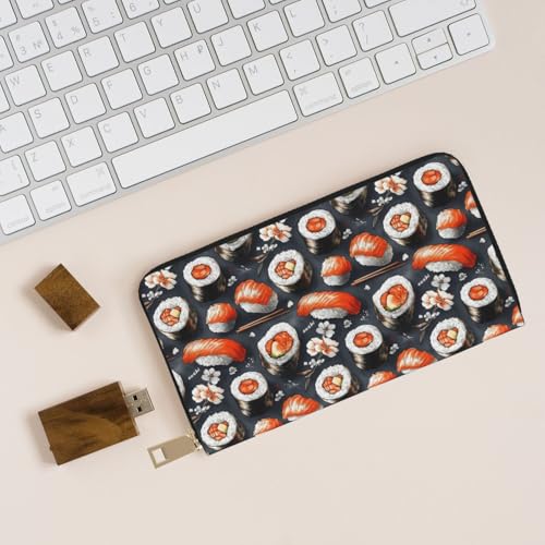 Cute Sushi Print Wallet Women Men, Long PU Leather Wallets for Women, Cute Womens Travel Wallet Purse Pouch with Zipper Pocket 5