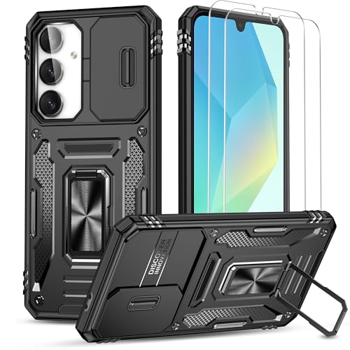 Ezanmull for Samsung Galaxy A16 5G Case with Slide Camera Cover + Screen Protector(2 Packs), Rotated Ring Kickstand Military Grade Shockproof Protective Cover for Samsung Galaxy A16 5G (Black)