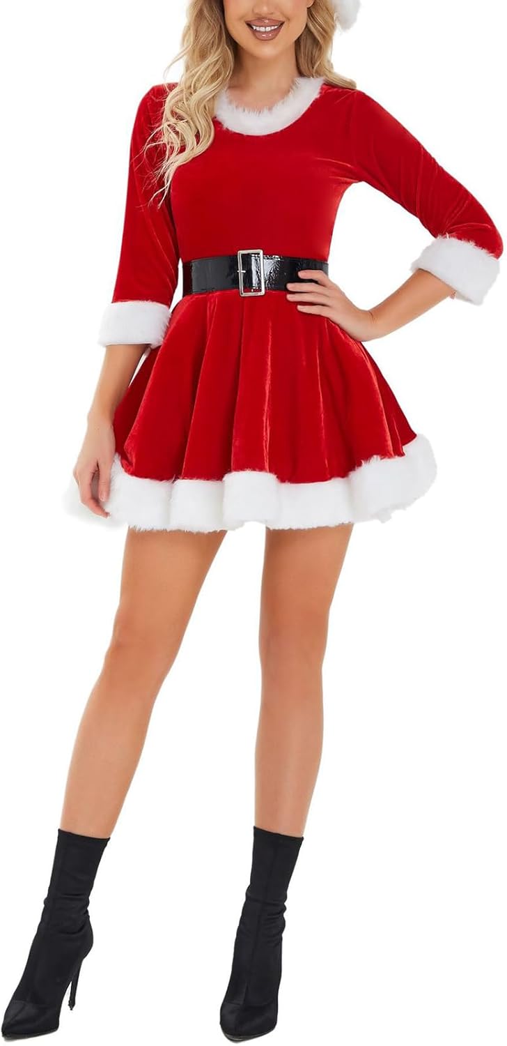 Women Santa Claus Costume Christmas Mrs Claus Dress Matching Belt Hat Sets Christmas Fancy Party Clothes - Image 3