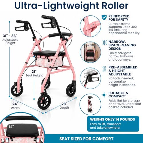 Image of Vive Ultra Lightweight Rollator Walker with Seat - Foldable, Narrow