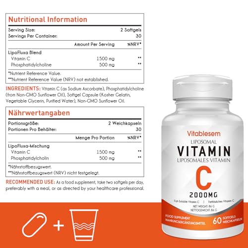 Liposomale Vitamin C Kapseln 2000 mg - Hochdosiert Glutenfrei & Ascorbinsäure - Immununterstützendes Antioxidans - Non-GMO