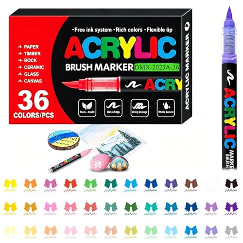 36 Colors Acrylic Paint Pens Soft Brush Tip Acrylic Markers for Canvas Rock Painting Wood Stone Glass Ceramic Fabric Painting DIY Crafts