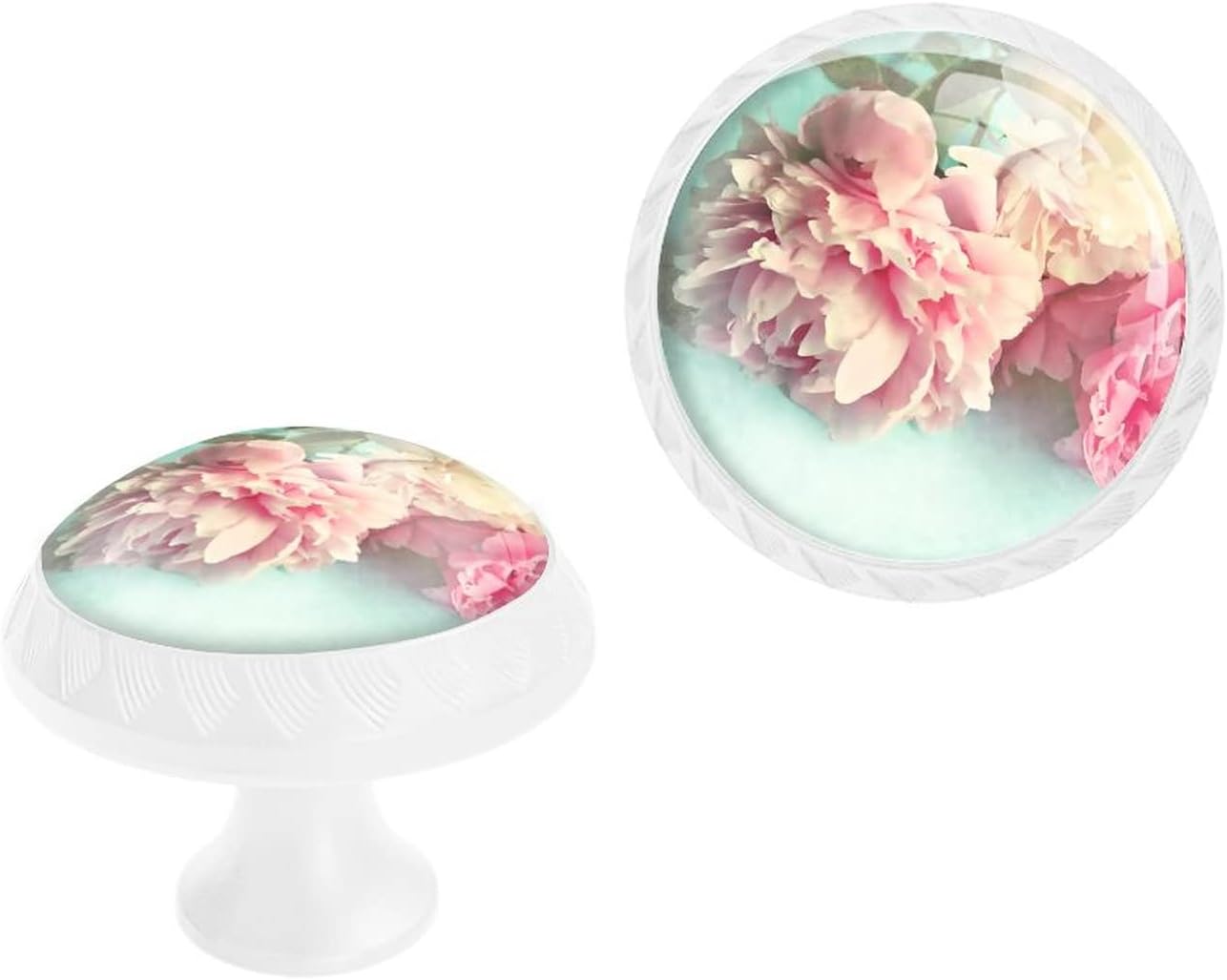 6 Pack White Drawer Pulls Knobs, Shabby Chic Pink Peony Cabinet Knobs Crystal Glass Dresser Knobs for Kitchen Bathroom Hardware