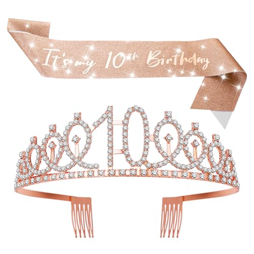 10th Birthday Girl Sash and Crown Rose Gold Birthday Tiara Sashs for Age 10 Year Old Girl 10th Birthdays Shiny Tiara and Sash Decoration for Girls Adjustable Cute Birthdays Crown Sashs for Girls