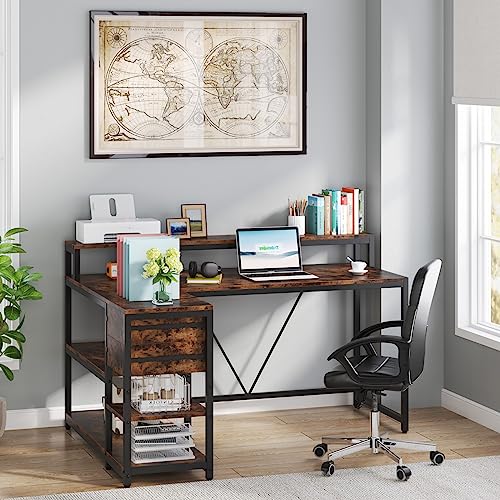 Image of Tribesigns Reversible L Shaped Desk with Drawer, Brown Corner Desk with Storage Shelves and Monitor Stand, Writing Table for for Small Space (Rustic)