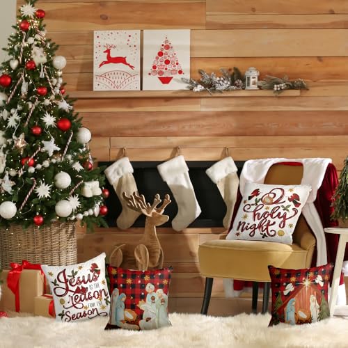 Lofaris Christmas O Holy Night Jesus Cardinal Buffalo Plaid Throw Pillow Covers, 18 X 18 Inch, Set Of 4 – Xmas Pillow Cases With Nativity Designs For Living Room thumb #3