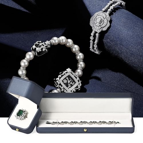 Bracelet Box PU Leather Necklace Jewelry Box Bracelet Gift Box Necklace Gift Box Jewelry Box Long Chain Bracelet Display Case Velvet Interior Jewelry Gift Boxes Necklace Case(Steel-Blue)
