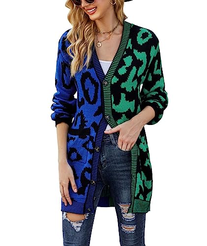 chouyatou Women's Color Block Leopard Print Button Down Long Knit Cardigan Sweaters with Pockets
