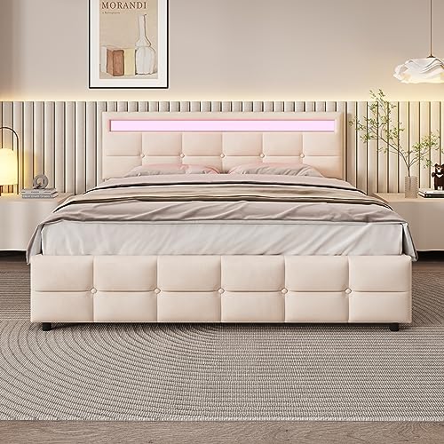 FAYICIC Cama tapizada de 180 x 200 cm, marco de cama doble LED con 4 cajones, somier de láminas y respaldo, ideal para la piel, color beige
