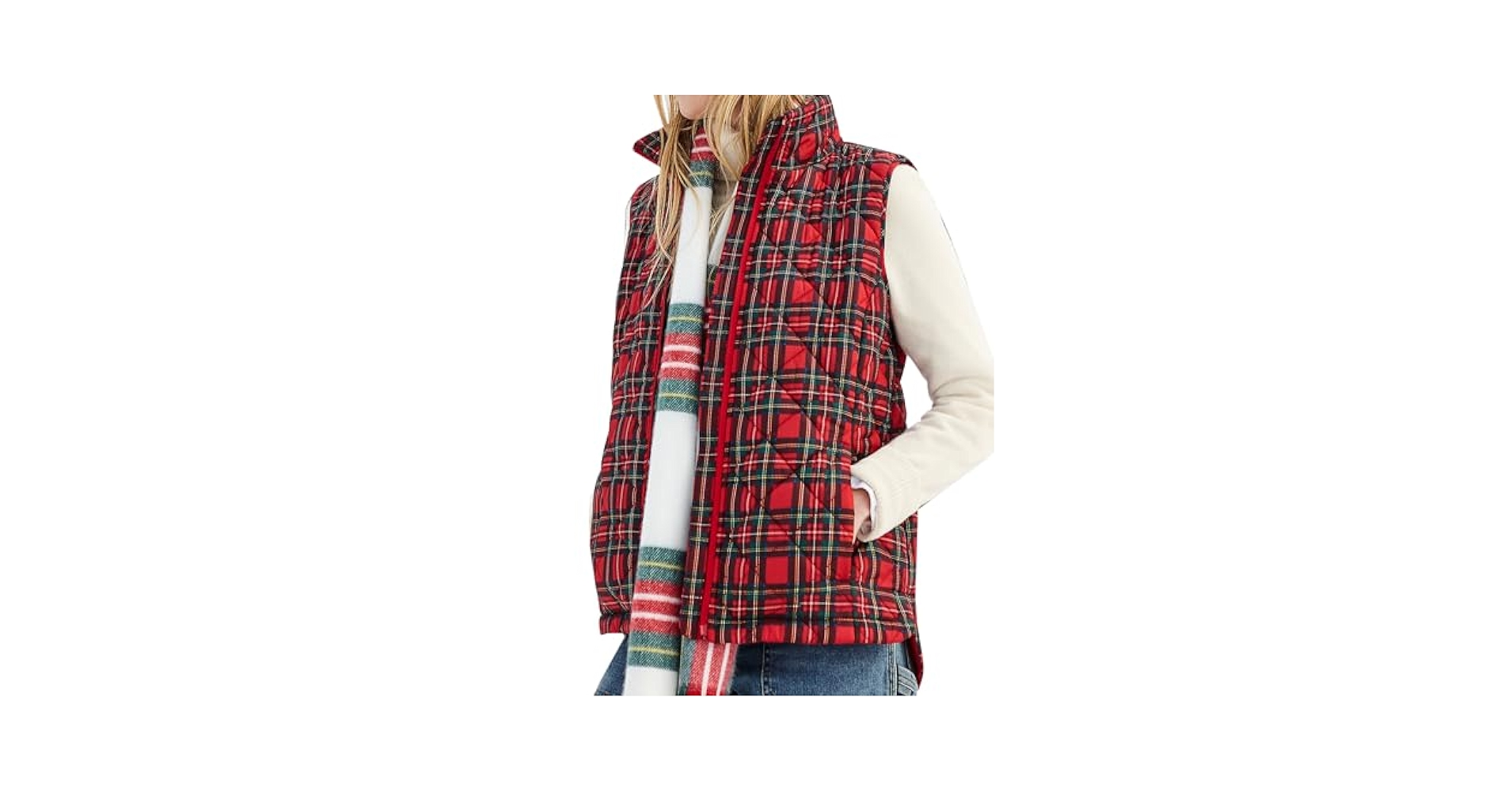トップス 21AW snow peak QUILTED FLANNEL VEST LifeShe Women Plaid Puffer Vest Sleeveless Jacket Zip Up