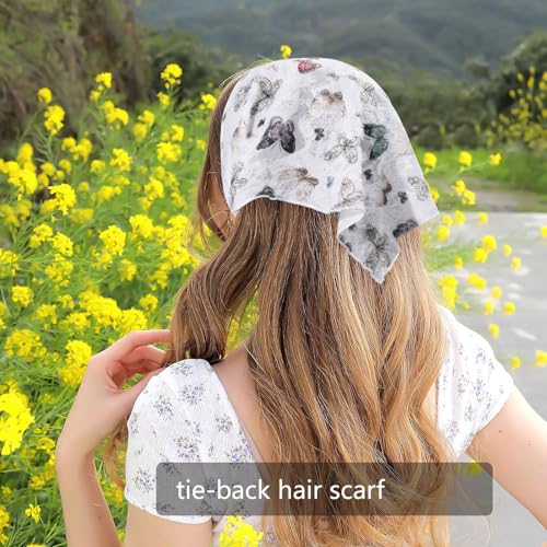 AWAYTR 2Pcs Floral Hair Bandanas Tie-back Head Kerchief for Women Flower Mesh Hair Scarves Lightweight Triangular Head Scarf3