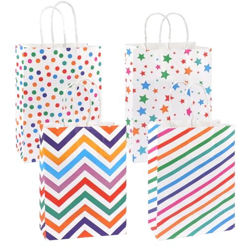 12 Stück Bunte Geschenktüten Kindergeburtstag, 21x15x8 cm Punkte Klein Papiertüten mit Henkel, Regenbogen Geburtstagstüten Kinder Kraftpapier Mitgebsel Tüten für Geburtstag Giveaways Hochzeit Party