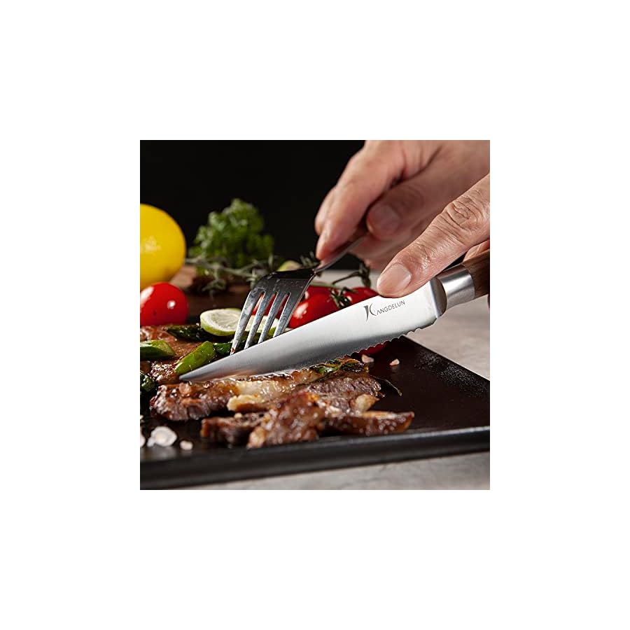 Natura Series 4.5” Serrated Steak Knife Set of 8, High Carbon Stainless Steel, Wooden Handle