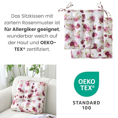 wometo 2er Set Sitzkissen Bodenkissen 40x40 8cm hoch Oeko-TEX - Landhaus Rosen-Motiv rosa pink weiß mit Tragegriff für Indoor und Outdoor