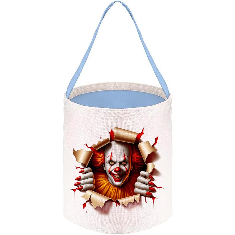 Halloween Scary Horror Clown Face, Linen Storage Baskets, Trick or Treat Candy Bag, Customised Buckets for Anyone. (Blue)