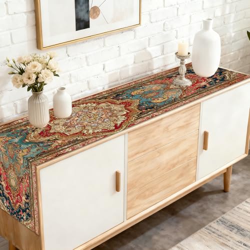 Image of Nuxovilar Ornate Persian Flax Table Runner 13x72 in | Persian Floral Table Runner for Elegant Dinners, Artistic Gatherings, Luxury Decor