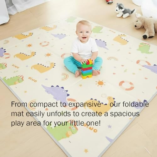 Image of TARKAN Foldable Baby Play Mat with Raised Borders, Double-Sided Design, 140 x 180 cm x 7mm, Dinosaur and Penguin Pattern