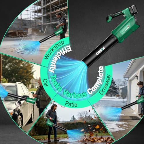Image of KIMO Leaf Blower Cordless with Battery and Charger, 540CFM /220MPH, Precision Adjustment Handle, 3Speeds w / Visual Panel, Lightweight, 2 Extended Tube, 2* 2.0 Battery Powered Leaf Blowers for Lawn Care