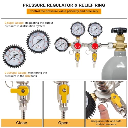 Image of Co2 Regulator for Kegerator, CGA-320 Co2 Regulator Dual Output Co2 Tank Regulator with 4 Hose Clamps, Draft Beer Kegerator Co2 Regulator Co2 Pressure Regulator for Home Brewing